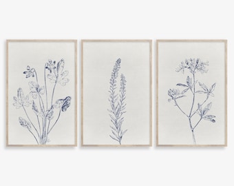 Navy Blue Botanical Prints Set: Indigo Watercolor Leaf Art (Digital Download)