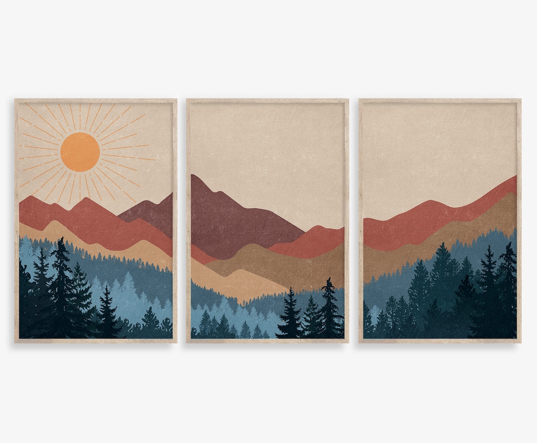 Terracotta Sun Mountain Wall Art Print Set of 3, Mid Centryabstract Sun ...