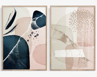 May include: A set of two abstract art prints with a modern minimalist design. The prints feature a combination of pink, blue, and beige colours with geometric shapes and patterns.