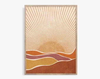 Abstract Sunrise Landscape Art Print: Neutral Boho Decor (Digital Download)