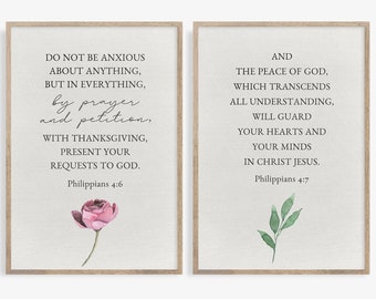Do Not Be Anxious About Anything Bible Verse Printable Wall Art, Set Of 2 Prints, Philippians 4:6-7, Encouragement, Bible Verse Print