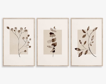 Boho Botanical Print Set of 3, Beige Brown Gallery Wall art, Neutral Wall Poster, Botanical Neutral Wall Art, Set of 3 Neutral Prints