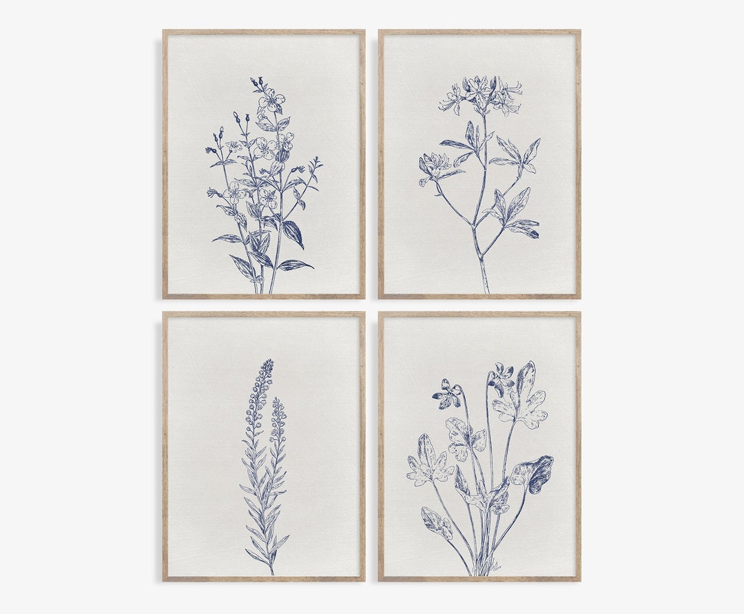 Set of 4 Navy Blue Botanical Prints, Indigo Blue Watercolor Printable ...