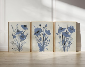 blue Wildflower Watercolor Print Set: Botanical Wall Art (Digital Download)