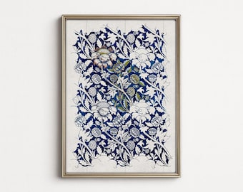Antique Textile Design - Printable Vintage Blue Botanical Wall Art - William Morris Style