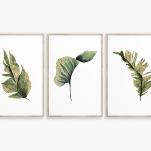 Tropical Leaf Wall Art Set of 3, Watercolor Botanical Prints with Gold Accents, Greenery Printable Art, Minimalist Botanical Poster Set
