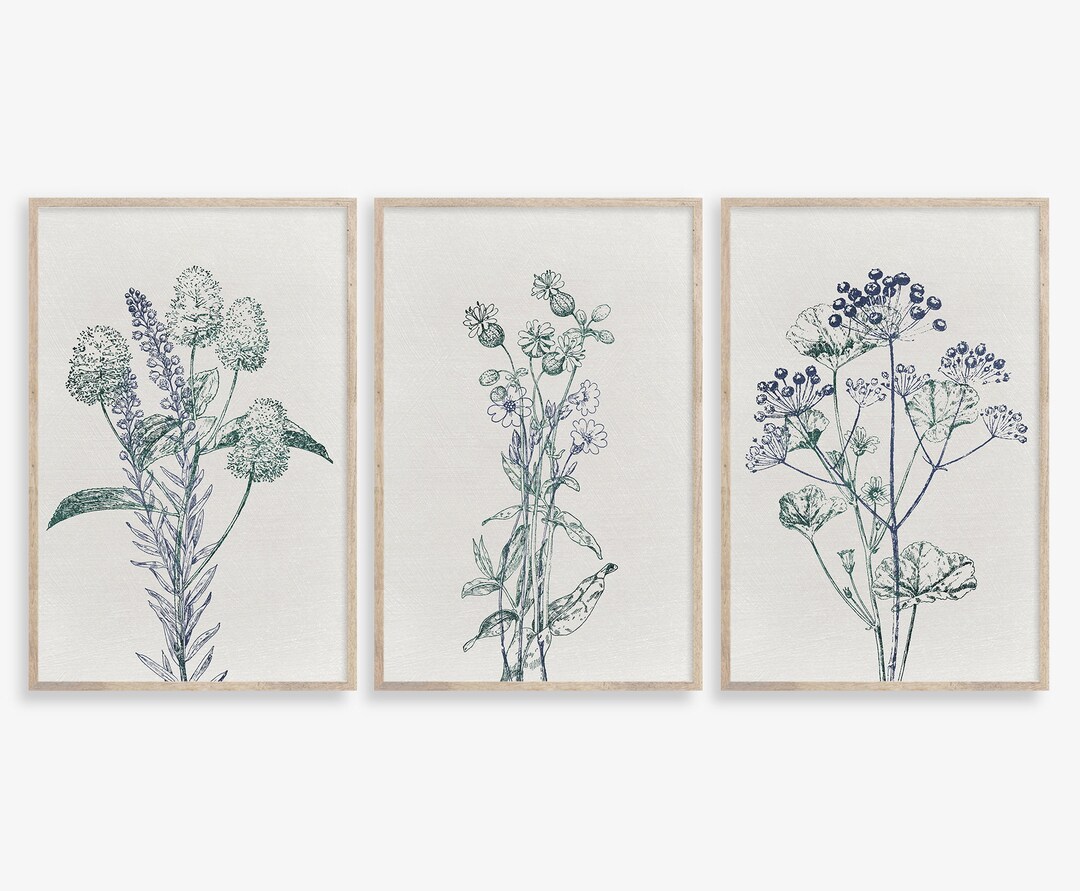 Set of 3 Navy Blue Botanical Prints, Indigo Blue Watercolor Printable ...