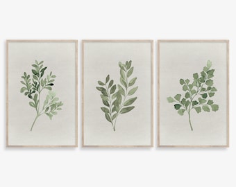 Botanical Print Set: Green Leaf Watercolor Art (Digital Download)