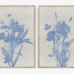 Ensemble de 2 impressions de fleurs sauvages, art mural floral, imprimés botaniques bleus, décor bleu marine, art mural bleu imprimable, décor à la maison bleu