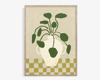 Checkered Vase Plant Art Print: Minimalist Botanical Poster (Digital Download)