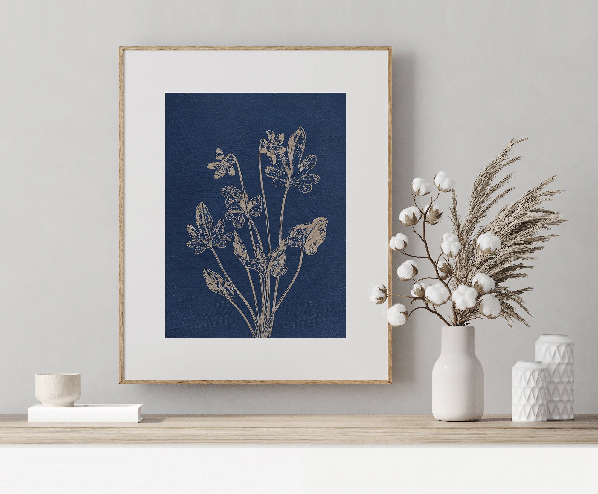Navy Blue Botanical Prints Set: Vintage Indigo Floral Wall Art (digital ...