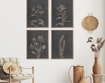 Botanical Prints Set: Dark Gray Linen Wall Art (Digital Download)