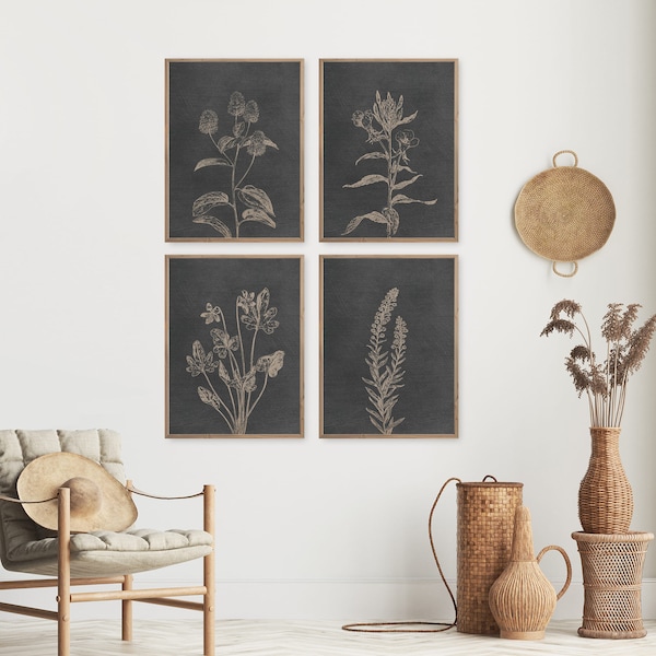 Botanical Prints, Set of 4 prints, Dark Gray Background Botanical Wall Art, Gray Background,Printable art,Gray Wall Art,linen color wall art