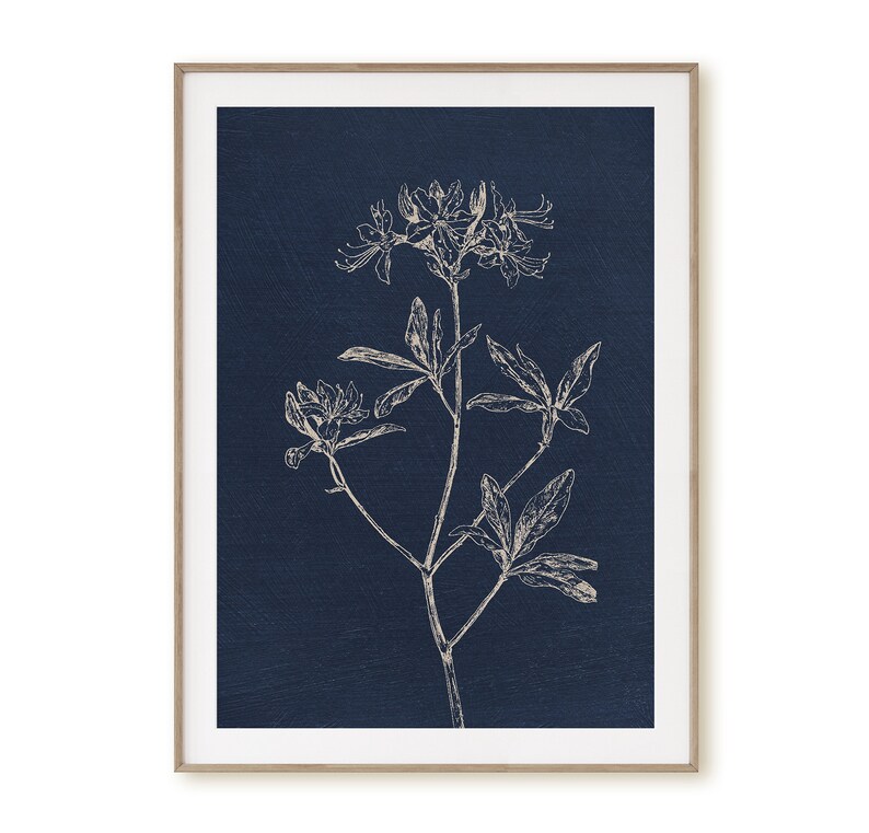 May include: A white line drawing of a flower with leaves on a dark blue background.