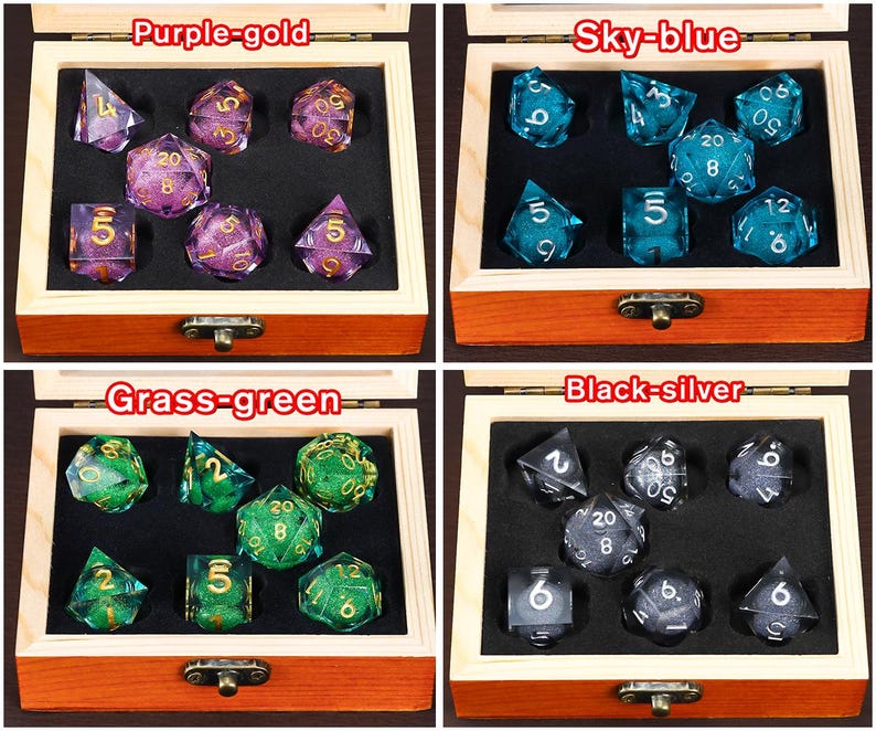 May include: Four wooden boxes containing different coloured dice sets. The boxes are labelled "Purple-gold", "Sky-blue", "Grass-green", and "Black-silver". Each box contains a set of dice with different colours and numbers.