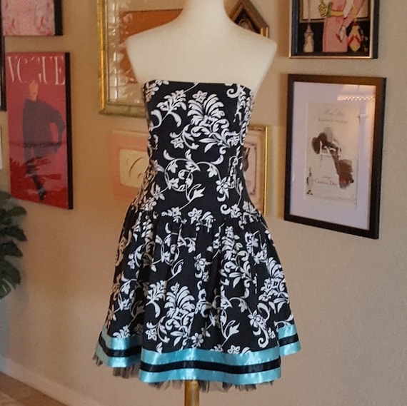 Gunne Sax - 80's Blue & Black Floral Mini Dress