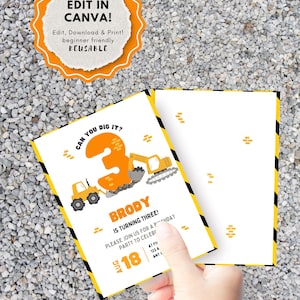 Construction Birthday Invitation | Editable Canva Template | Excavator Party Invite for Boys