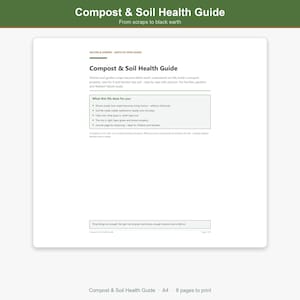以下が含まれることがあります： 黒いテキストで「Compost & Soil Health Guide」と書かれた白い文書。キッチンや庭のゴミ、土壌の生物、堆肥化の手順に関するセクションが含まれています。ページには利点のリストと、Three things are enoughというテキストが記載されたフッターがあります。