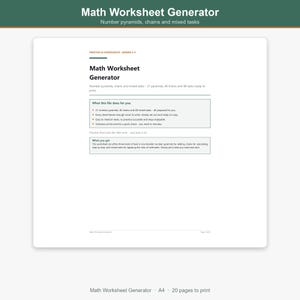 Può includere: Un documento digitale intitolato Math Worksheet Generator per le classi dalla seconda alla quarta. Contiene 21 piramidi numeriche, 40 catene e 48 esercizi misti. La pagina include sezioni che descrivono il contenuto e le funzioni, con soluzioni incluse.