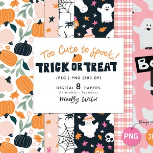 Cute Halloween digital seamless patterns with fall pumpkins, skulls, ghosts, spiders, invitations, cards, teaching resources scrapbook paper