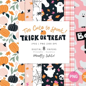 Cute Halloween digital seamless patterns with fall pumpkins, skulls, ghosts, spiders, invitations, cards, teaching resources scrapbook paper