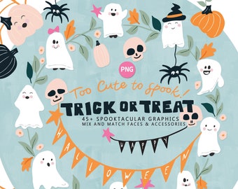 Schattige Halloween clipart, roze oranje pompoenen, bloemschedels, handgetekende geesten voor feestuitnodigingen, kaarten, leermiddelen, plakboek.