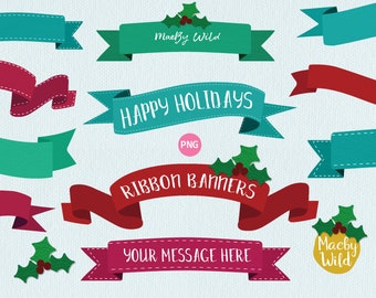 Kerstbanner clipart. Handgetekende en uitgesneden banners en lintenbundel directe digitale download