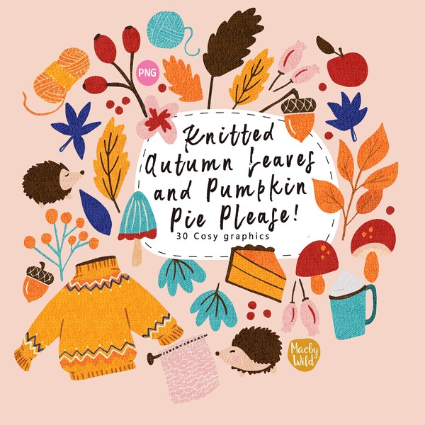 Fall Knitted Digital Clip Art - PNG - Cosy and warm autumn elements with a knit texture -  Printable - planner stickers  - Commercial