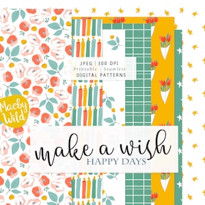 Make a wish Digital Seamless  Paper - Happy birthday tulips, flowers and stars pattern Scrap paper -  Happy days Printable - Commercial