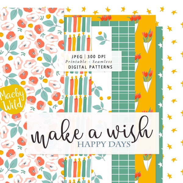 Make a wish Digital Seamless  Paper - Happy birthday tulips, flowers and stars pattern Scrap paper -  Happy days Printable - Commercial