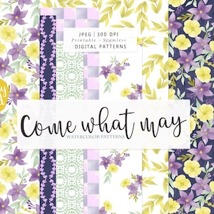 Könnte beinhalten: Digitale Aquarellmuster mit floralen und Blattdesigns in Lila, Gelb und Grün. Die Muster umfassen Blumenarrangements, Blättermuster und geometrische Designs. Der Text "Come what may" wird in einer Schriftart angezeigt.