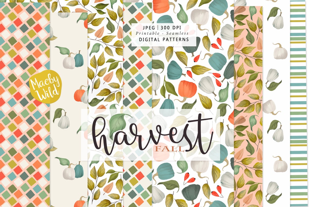 Harvest Fall Seamless Pattern Paper - Watercolor Pumpkins, Digital ...