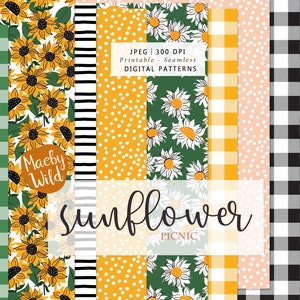 Sunflower picnic Pattern -Digital Seamless Paper - retro illustration - pattern journal  - Printable Scrap Paper Set