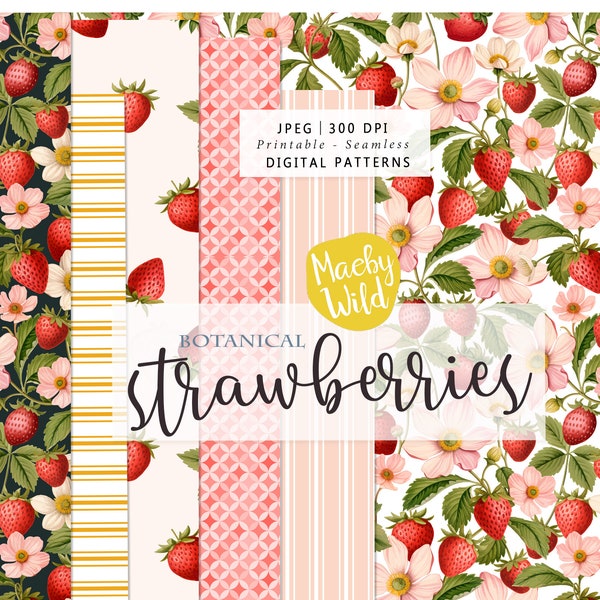 Botanical illustration Strawberries - Digital Seamless Pattern Paper - strawberry Scrap paper - Printable seamless Paper Set - Commercial