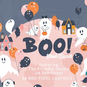 Boo street Ghost Halloween clipart, illustrated haunted houses, party balloons for party invitations, cards, teaching resources, scrapbook.