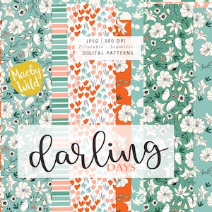 flower digital seamless patterns coordinating stripes and checks.  For invitations, cards, teaching resources, scrapbook paper and weddings.