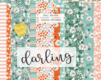 May include: A set of 10 digital seamless patterns in a variety of styles, including floral, stripes, and hearts. The patterns are in shades of pink, orange, green, and white. The text "darling days" is written in black cursive script.