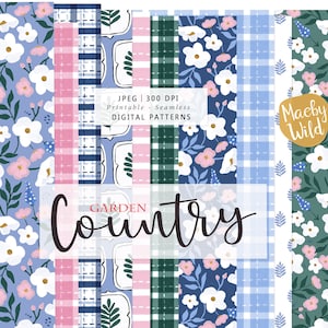 Garden country Digital Seamless Pattern Paper - flower pattern Scrap paper -  plaid and check Printable - Commercial