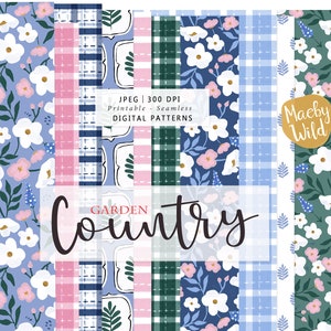 Garden country Digital Seamless Pattern Paper - flower pattern Scrap paper -  plaid and check Printable - Commercial