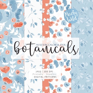 Watercolor and Ink botanical Digital Seamless Pattern Paper - flowers, floral, repeat pattern Scrap paper - Printable Paper Set - Commercial