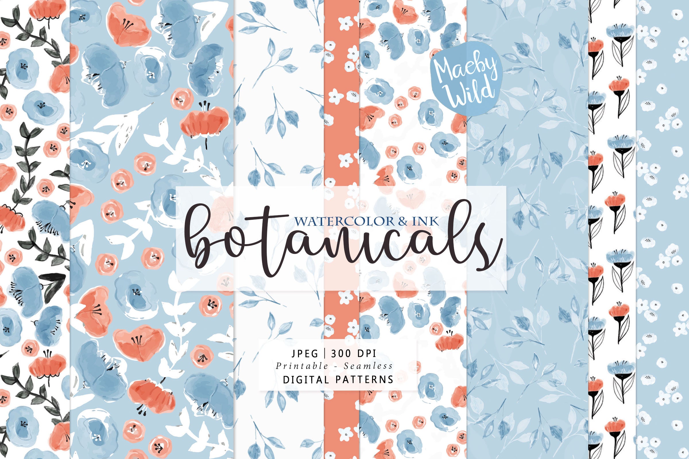 Watercolor and Ink botanical Digital Seamless Pattern Paper - flowers, floral, repeat pattern Scrap paper - Printable Paper Set - Commercial