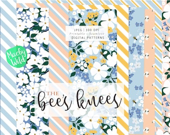 Bee Retro Vintage flower Pattern -Digital Seamless Paper - daisy illustration - pattern journal  - Printable Scrap Paper Set