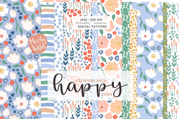 happy days flower Pattern -Digital Seamless Paper - meadow illustration - pattern flower journal  - Printable Scrap Paper Set