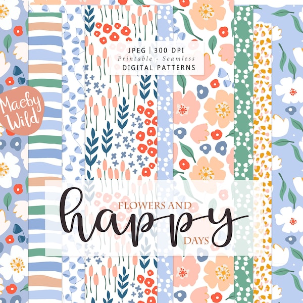 happy days flower Pattern -Digital Seamless Paper - meadow illustration - pattern flower journal  - Printable Scrap Paper Set