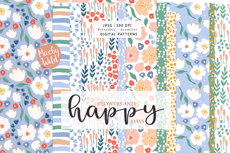 happy days flower Pattern -Digital Seamless Paper - meadow illustration - pattern flower journal - Printable Scrap Paper Set image 1
