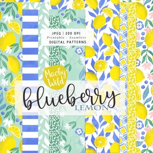 Blueberry lemon Digital Seamless Pattern Paper - wedding and birthday fruit Summer Scrap paper - Printable seamless Paper Set - Commercial