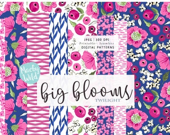 May include: A set of 10 digital seamless patterns featuring pink and blue floral designs. The patterns are titled "Big Blooms Twilight" and are 300 DPI.
