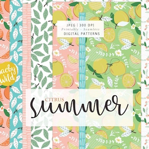 Könnte beinhalten: Digitale nahtlose Muster mit Zitrusfrüchten und Blättern in verschiedenen Farben. Die Muster umfassen Orangen, Zitronen und florale Elemente auf rosa, grünen und blauen Hintergründen. Der Text "Citrus Summer" wird in Schreibschrift angezeigt.