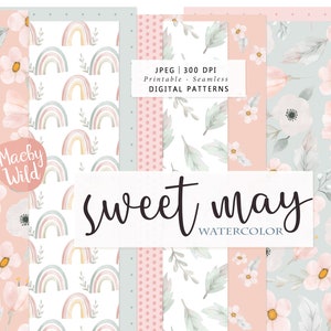 Sweet May - watercolor rainbow and flower patterns - Digital Seamless Paper - watercolor Scrap paper - Printable -  new baby
