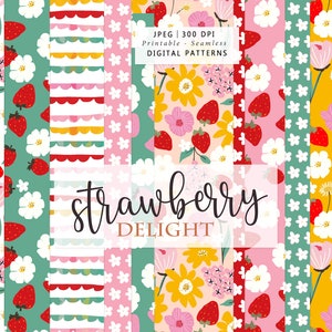Strawberry delight Digital Seamless Pattern Paper - Strawberry and flowers summer Scrap paper - Printable Paper Set - Commercial
